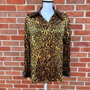 Vintage Lillie Rubin Erez Black and Brown Leopard Print Button Up Silk Top 12